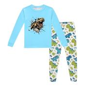 Boys Dinosaur Printed Long Sleeve Top and Pants Pajama Set Comfortable Home Wear for Kids Soft Casual Outfit (Light Blue, 6T)