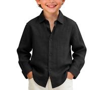 Boys Dress Shirt Cotton Linen Long Sleeve Stand Collar Plain Loose Fit Thin Button Down Tops Teen Boys Casual Comfy Breathable UK Jumper Kids Summer Beach School Black Shirts (Black, 13-14 Years)
