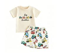 Boys Embroidered Letter Print Tee and Shorts Set with Playful Automotive Graphic, Soft Cotton Blend Short Sleeve Top and Matching Bottoms for Toddlers (Beige, 18-24M)