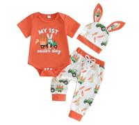 Boys Fashion My First Easter Baby Boy Outfit Boy Short Sleeve Romper Pants Hat Infant Newborn Clothes Boys Fashion (Orange, 6-12 Months)