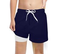 Boys Fashion Solid Swim Trunks with Compression Liner Stretch Shorts Month Boy Dark Blue