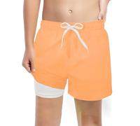 Boys Fashion Solid Swim Trunks with Compression Liner Stretch Shorts Month Boy Orange