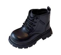 Boys Faux Leather Ankle Boots with Side Zipper, Kids Lace-Up Booties Round Toe Chunky Heels Walking Shoes Comfy Combat School Boots Winter Warm Footwear