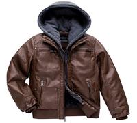 Boy's Faux Leather Jacket Windproof Warm Winter Coat Kids Bomber Outerwear Waterproof PU Motorcycle Jacket, Coffee, 14-16