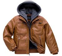 Boy's Faux Leather Jacket Windproof Warm Winter Coat Kids Bomber Outerwear Waterproof PU Motorcycle Jacket, Brown Velvet Lined, 7 UK
