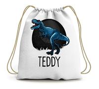 Boys Fierce Dinosaur Cotton Drawstring Bag - Personalised Back to School Bags for School Boy - Dinosaur T Rex, White, One Size