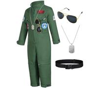 Boys Fighter Pilot Costume - Kids Air Force Flight Suit with Aviator Sunglasses, Tag and Belt for Role Play 3T 4T Army Green