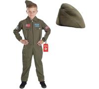 Boys Fighter Pilot Costume Kids Aviator Flightsuit Air Cadet Uniform Fancy Dress