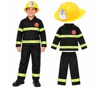 Boys Fireman Costume with Helmet - Black Jacket, Trousers & Yellow Hat | boys firefighter outfit, jacket and trousers, fireman helmet, reflective detail, fancy dress