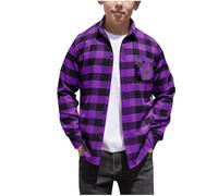 Boys Flannel Shirt Plaid Jackets With Pockets, Kids Fall Winer Classic Checked Tops Long Sleeve Lapel Button Down Shacket Coat Outwear School 14 Years Purple