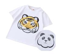 Boys Flip Sequin Cotton T-Shirt, Dinosaur, Digger & Graphic Short Sleeve Top for Kids Aged 3-8 Years (UK, Numeric, 90, White-Tiger)