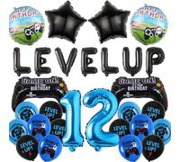Boys Game 12th Birthday Decoration - 33 Pieces Blue Video Game Decorations Level Up Letter Number 12 Foil Balloon Game Controller Round Star Foil Balloon for Kid Boy