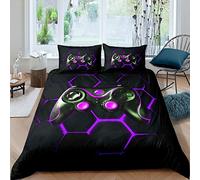 Boys Game Comforter Cover Set Teens Kids Anime Gamer Gaming Duvet Cover Set Geometric Honeycomb Hexagon Bedding Set Video Game Controller Bedclothes 3Pcs King Size,Black,Purple