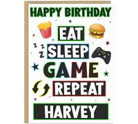 Boys Gaming Happy Birthday Cards with Personalised Name - Level Up Game Over Born to Play Controller Themes A5 Card for Kids Sons, Friends 7 Exciting Gaming Designs (Eat Sleep Game Green)