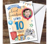Boy's Gaming Video Gamer Photo Great Grandson 10th Birthday Personalised Card - Personalised Birthday Greeting Card For Kids, Custom Birthday Card