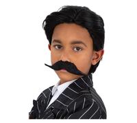 Boys Gangster Wig & Tash Set 1920s Gothic Black Wig Kids Moustache Set