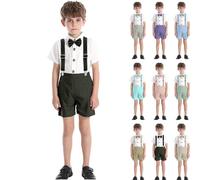 Boys Gentleman Suits 4-Piece Set with Bowtie, Short Sleeve Shirt, Suspenders & Shorts Formal Wedding Outfit for Toddlers 1-8 Years, Summer Party Clothing for Kids Army Green