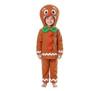 Boys Gingerbread Man Christmas Costume - Large - Brown Top with Green Bowtie & Gingerbread Man Hood, Brown Trousers - Childs Kids Festive Xmas Fancy Dress Costume