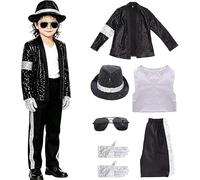 Boys Girls 80s 90s Pop Star Retro Costume Kids Stage Cosplay Outfit | Complete retro costume pack with glasses, hat and gloves. Great for school show, Halloween, fancy dress and theme party