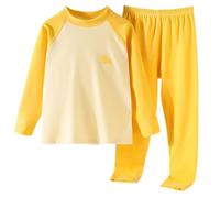 Boys Girls Autumn Winter Warm Cotton Pyjamas Sets with Two-tone Long Sleeve Crew Neck Pullover Tops and Solid Colour Ruffle Elasticated High Waist Straight Loose Leg Trousers, Kids Loungewear Outfits
