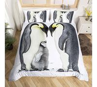 Boys Girls Bedding Sets Penguin Family Friendly Duvet Cover Breathable Microfiber, Antarctic Penguins Animal Pattern Comforter Set for Kids Teens, 2-Piece Single Bedding Decoration Gift Boys