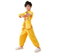 Boys Girls Chinese Suit Training Uniforms Traditional Arts Wing Chun Outfits Halloween Costume Children 86, yellow, 13- 14 Years