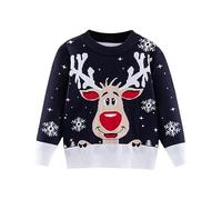 Boys Girls Christmas Xmas Jumper Round Neck Sweater Long Sleeve Sweatshirt Deep Blue Deer Age 1-2 Years