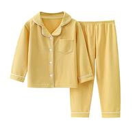 Boys Girls Corduroy Pajamas Set - Solid Colour Long Sleeve Crew Neck Collared Button-up Comfort Top and Classic Fashion Casual Ruffle Elasticated High Waist Straight Wide Leg Trousers Petite Plus Size