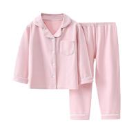 Boys Girls Corduroy Pajamas Set - Solid Colour Long Sleeve Crew Neck Collared Button-up Comfort Top and Classic Fashion Casual Ruffle Elasticated High Waist Straight Wide Leg Trousers Petite Plus Size