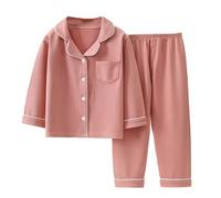 Boys Girls Corduroy Pajamas Set - Solid Colour Long Sleeve Crew Neck Collared Button-up Comfort Top and Classic Fashion Casual Ruffle Elasticated High Waist Straight Wide Leg Trousers Petite Plus Size