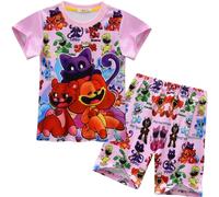 Boys Girls Cute Laughing Cat Pyjamas Sets for Kids,Summer Pajamas T-shirt+Shorts 2pcs Kids Nightwear Nighty Sleepwear for 4-9 Years (92293 Pink, 5-6 Years)