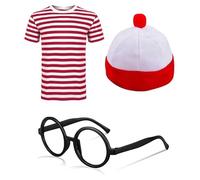 Boys & Girls Fancy Costume Set Find Me If You Can Unisex Red/White Stripe T-Shirt Hat Glasses OTK Leg Warmers Scarf Book Week Dress Up (Pack of 3 TShirt + Hat + Glasses, 7-8 Years)