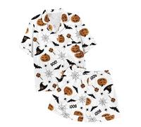 Boys Girls Halloween Pyjamas Floral Pumpkin Print Elastic Waist Pants Jack Skellington Design Holiday Themed Pajamas Toddlers Loungewear Set For Christmas Dark Blue