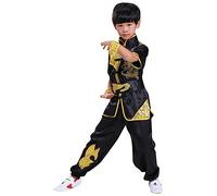Boys Girls Kung Fu Master Tai Chi Dragon Chinese Uniform Top Shirt Pants Set Outfit, Black, 12-14 Years
