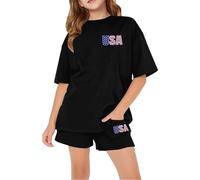 Boys Girls Outfits 4th of July Clothes Elastic Waist Short Sets for Teenager Athletic Sports Cotton American Flag Suits Children's Loose Fitting Plain Clothing School Uniform (Black, 5-6 Years)