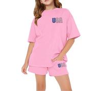 Boys Girls Outfits 4th of July Clothes Elastic Waist Short Sets for Teenager Athletic Sports Cotton American Flag Suits Children's Loose Fitting Plain Clothing School Uniform (Pink, 9-10 Years)