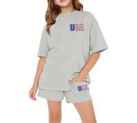 Boys Girls Outfits 4th of July Clothes Elastic Waist Short Sets for Teenager Athletic Sports Cotton American Flag Suits Children's Loose Fitting Plain Clothing School Uniform (Grey, 5-6 Years)