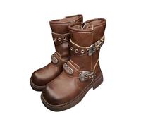 Boys Girls Retro Cowboy Boots Kids Western Combat Riding Mid Calf Boots with Side Zipper Round Toe Lightweight Durable Outdoor Walking Shoes for Toddler Brown