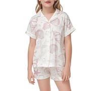 Boys Girls Satin Short Pyjamas Seashell Print Silk Short PJs Teen Girls 2 Piece Button-Down Short Sleeve Pyjamas Top with Shorts Nightwear Cute Sleepwear Soft Loungewear (Z1-White, 12-13 Years)