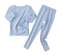 Boys Girls Seamless Warm Sleepwear 2 Sets,Solid Color Crew Neck Long Sleeve Top and Trousers Pajamas Suit,Soft Nighties Loungwear,Autumn Nightgown Pjs Set for 12 Months - 12 Years Blue