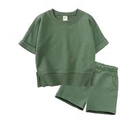 Boys Girls Shorts Sets 2 Pieces Sport Outfit Solid Color Short Sleeve Crew Neck Tops + Elastic Summer Outfits Lightweight Comfortable Casual Clothing Activewear Age 3 10 Years (Green, 6-7 Years)