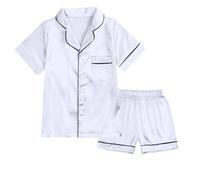 Boys Girls Silk Pyjamas Summer Short Sleeve Button-Down 2 Piece Sleepwear Nightwear Pajama Sets Tween Satin Tops+Shorts Outfits Comfortable Lightweight Pj Set for Kids White 4-5 Years