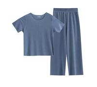 Boys Girls Silk Satin Pyjamas Solid Color Set for Girls Short Sleeve T Shirts+ Long Pants Sets Soft Breathable Kids Plain Pjs Matching Loungewear Crew Neck Comfy Sleepsuits (Blue, 4-5 Years)