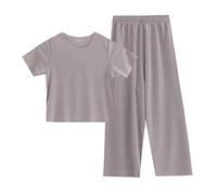 Boys Girls Silk Satin Pyjamas Solid Color Set for Girls Short Sleeve T Shirts+ Long Pants Sets Soft Breathable Kids Plain Pjs Matching Loungewear Crew Neck Comfy Sleepsuits (Khaki, 8-9 Years)