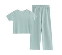 Boys Girls Silk Satin Pyjamas Solid Color Set for Girls Short Sleeve T Shirts+ Long Pants Sets Soft Breathable Kids Plain Pjs Matching Loungewear Crew Neck Comfy Sleepsuits (Green, 14-15 Years)