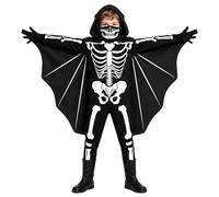 Boys Girls Skeleton Costume, Glow In The Dark Bone Print Hooded Jumpsuit Scary Spooky Season Bat Wing Cape Halloween Fancy Dress Outfit Kids Horror Cosplay Role Play Party Stage Performance Costume