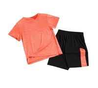 Boys Girls Sports Suit Short Sleeve T Shirt Tops with Shorts Summer Quick Drying Clothing Set Jogging Football Tracksuit Firetruck Orange