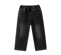 Boys Girls Straight Leg Denim Jeans, Pull-On Elastic Waist Casual Fit Five-Pocket Trousers for Children 2-12 Years Black