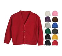 Boys Girls V Neck School Cardigan Lightweight Button-up Knit Sweater Kids Toddler Unisex School Uniform Schoolwear Fleece Cardigans Knitwear Pullover Warm Anti-Pill Sweater (Red, 7-8 Years)