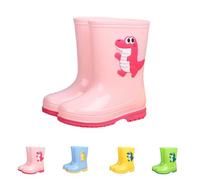 Boys Girls Wellies Non-Slip Waterproof Lightweight Rain Boots with Cute Dinosaur Cartoon Pattern, Solid Colour Outdoors Shoes for Hiking, Playing, Rainy Day Activities or Adventures Pink